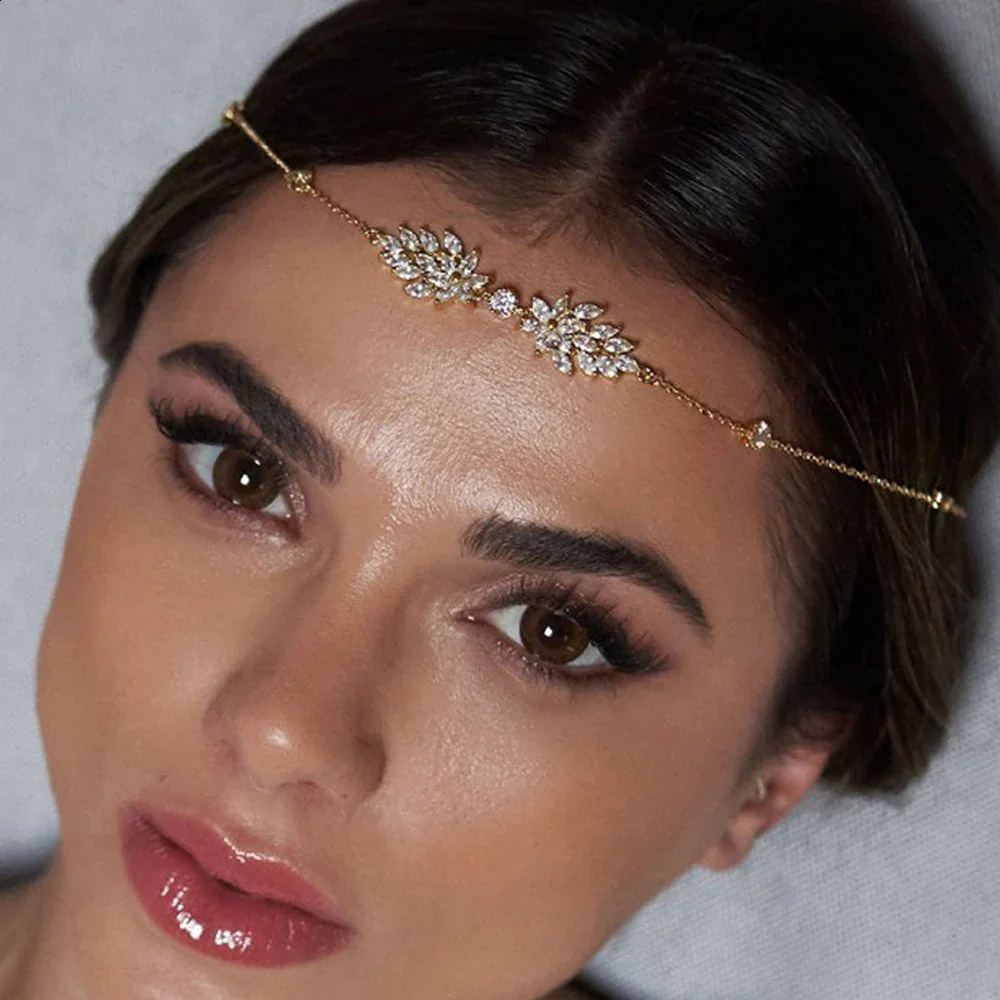 Fashion Leaf Zircon Forehead Chain Headpiece Wedding Accessories Bridal Hairband Simple Boho Head Indian Jewelry Gift 250804
