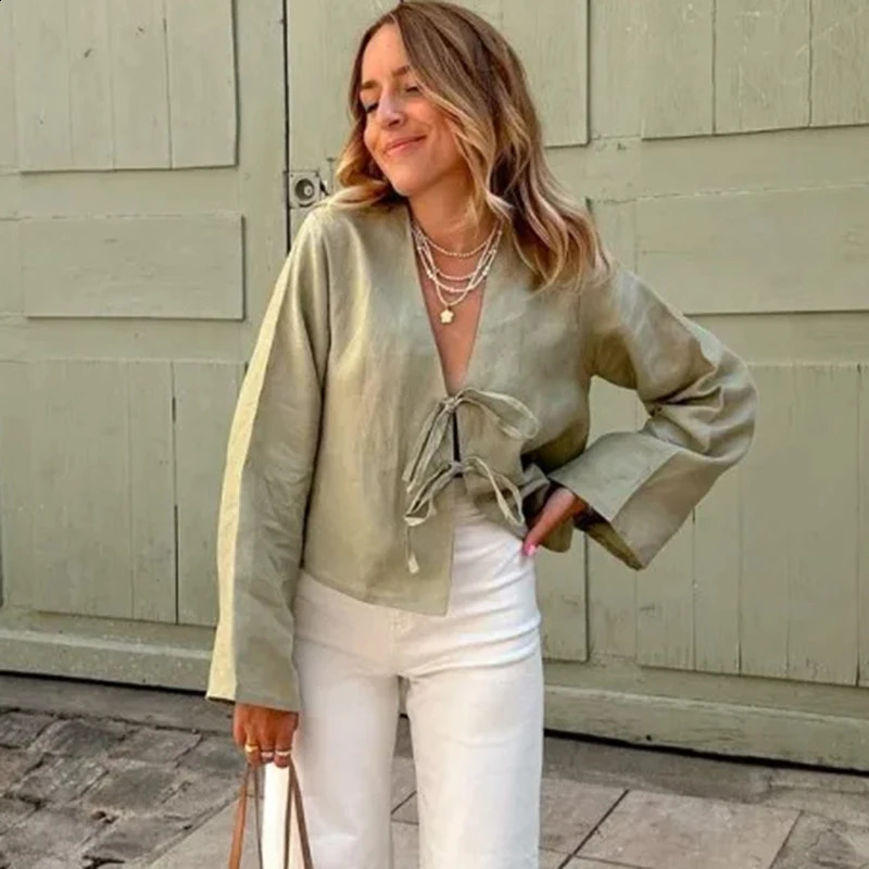 C. S Spring Female Street Tops Green Linen Lace Up Long Sleeve For Women Fashion Chic Casual Loose V Neck Shirt 250809