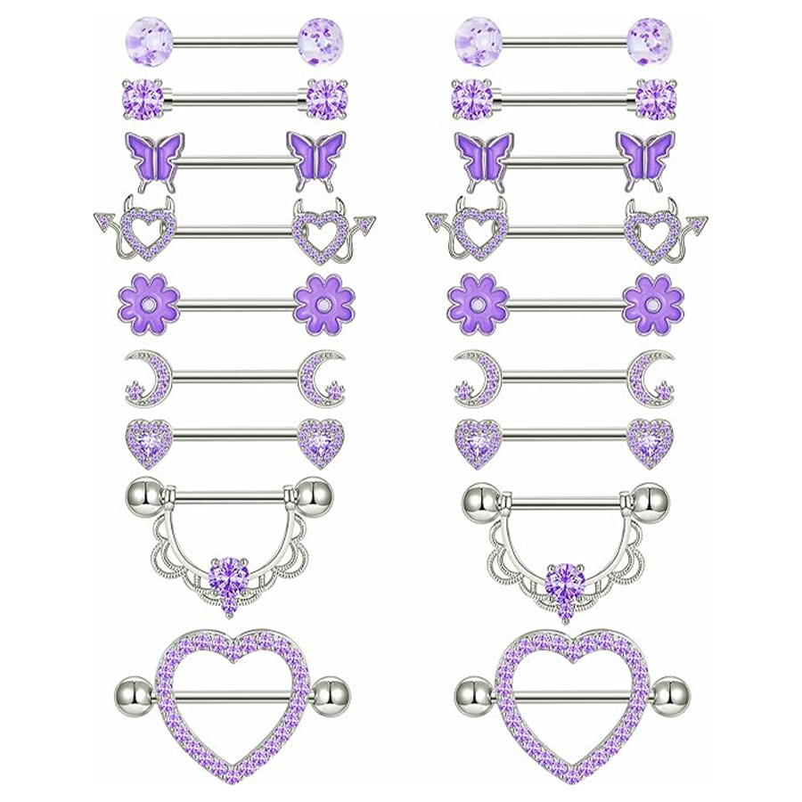 9 Pairs Nipple Rings Stainless Steel Heart Butterfly Moon Flower CZ Barbell Tongue Rings Set Cute Nipplerings Piercing Jewelry for Women Purple Tone