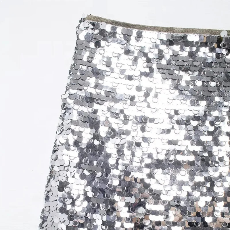 TRAF Silver Skirt Sets For Women 2 Pieces Summer Sequined Tank Vest Top Mini Skirts Ladies Fashion Sexy Elegant Outfit 250804