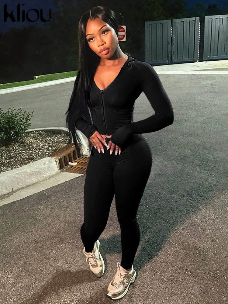 kliou Casual Women 2 Piece Set Classic Tracksuits Solid Long Sleeve Zip-up Hood TopsSlim Elastic Pants Sporty Concise Outfits 250806
