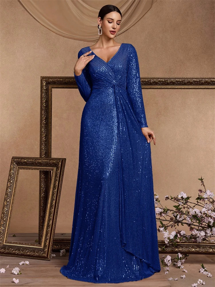 y Royal Blue Sequins Formal Evening Dresses elegant Long Sleeve Mermaid Prom Wedding Party Cocktail Graduation Gowns 250811