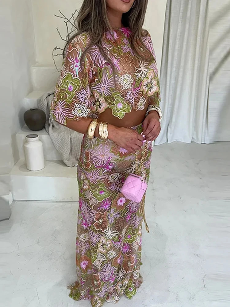 Sexy O Neck Short Sleeved Top with Long Skirt Suit Casual Cocktail Party Outfit Shiny Sequin Jacquard Slim Womens 2pc Set 250811