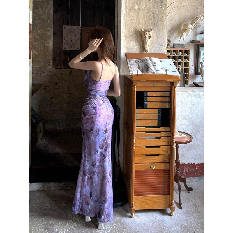 2025 Summer New Women's Original Style Mature Style Purple Dress Summer New Waist trend Tight Strap Dress Lace Long Dress New Designer