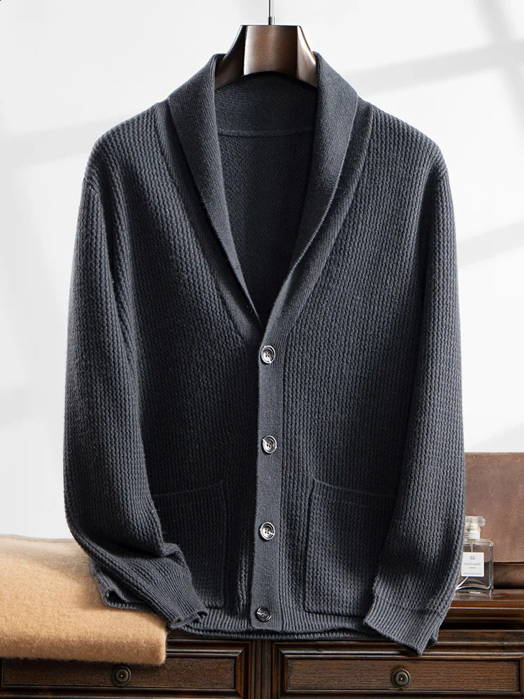 High Quality Men 100% Cashmere Sweater Winter Thick Cardigan Turn Down Collar Smart Casual Sweater Coat Warm Cashmere Knitwear 250806