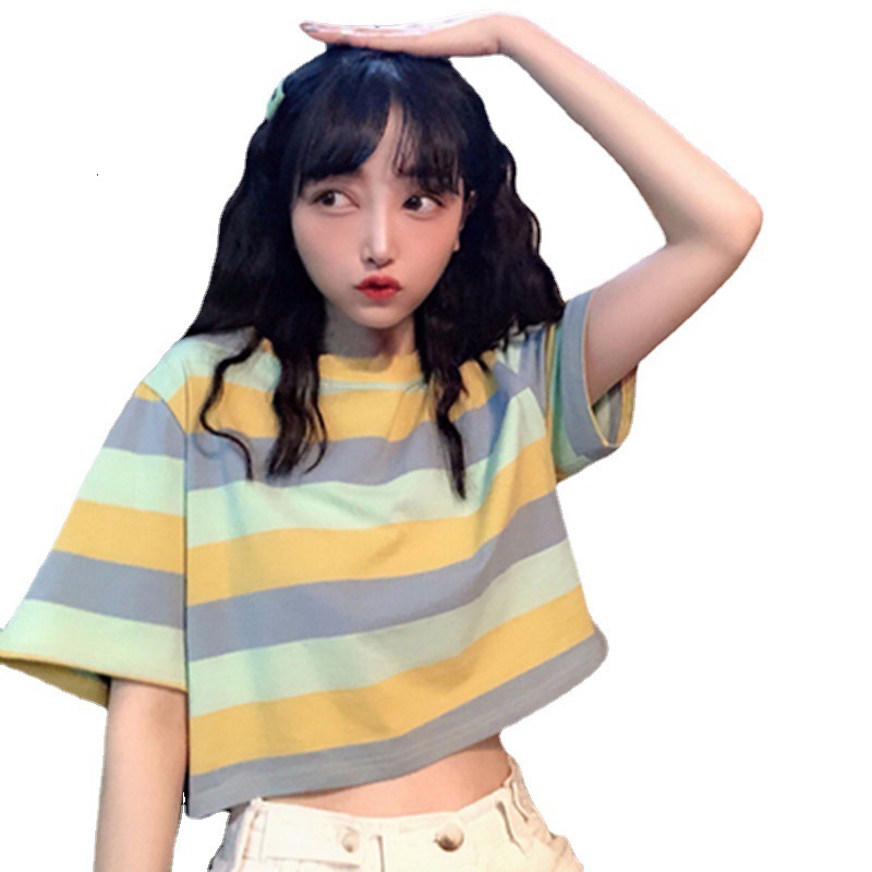 Cross-Border Foreign Trade Summer New Korean Version Loose Rainbow Striped Short Sleeve T-Shirt for Female Students Short Cropped Top Trendy