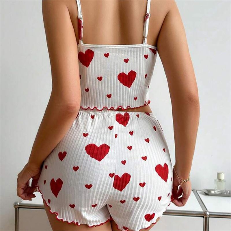 New Knitted Sweet European and American Design Pure Desire 2024 Ribbed Heart Print Women's Pajamas Camisole Summer Shorts