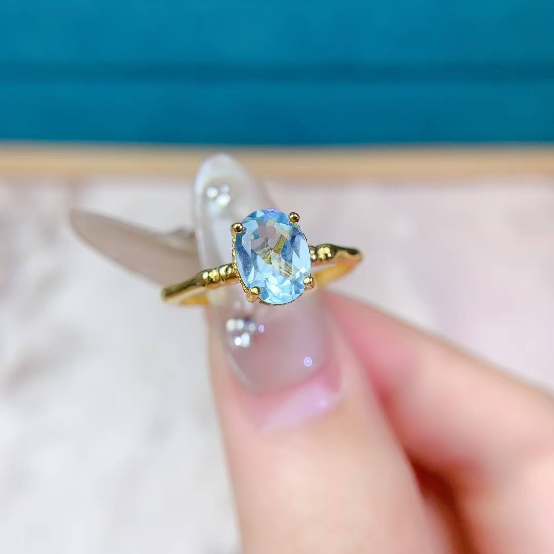VVS Grade sky Blue Topaz Ring 0.7ct 6mm * 8mm 1ct Natural Topaz Jewelry with 18K gold plating 925 Silver Gemstone Ring