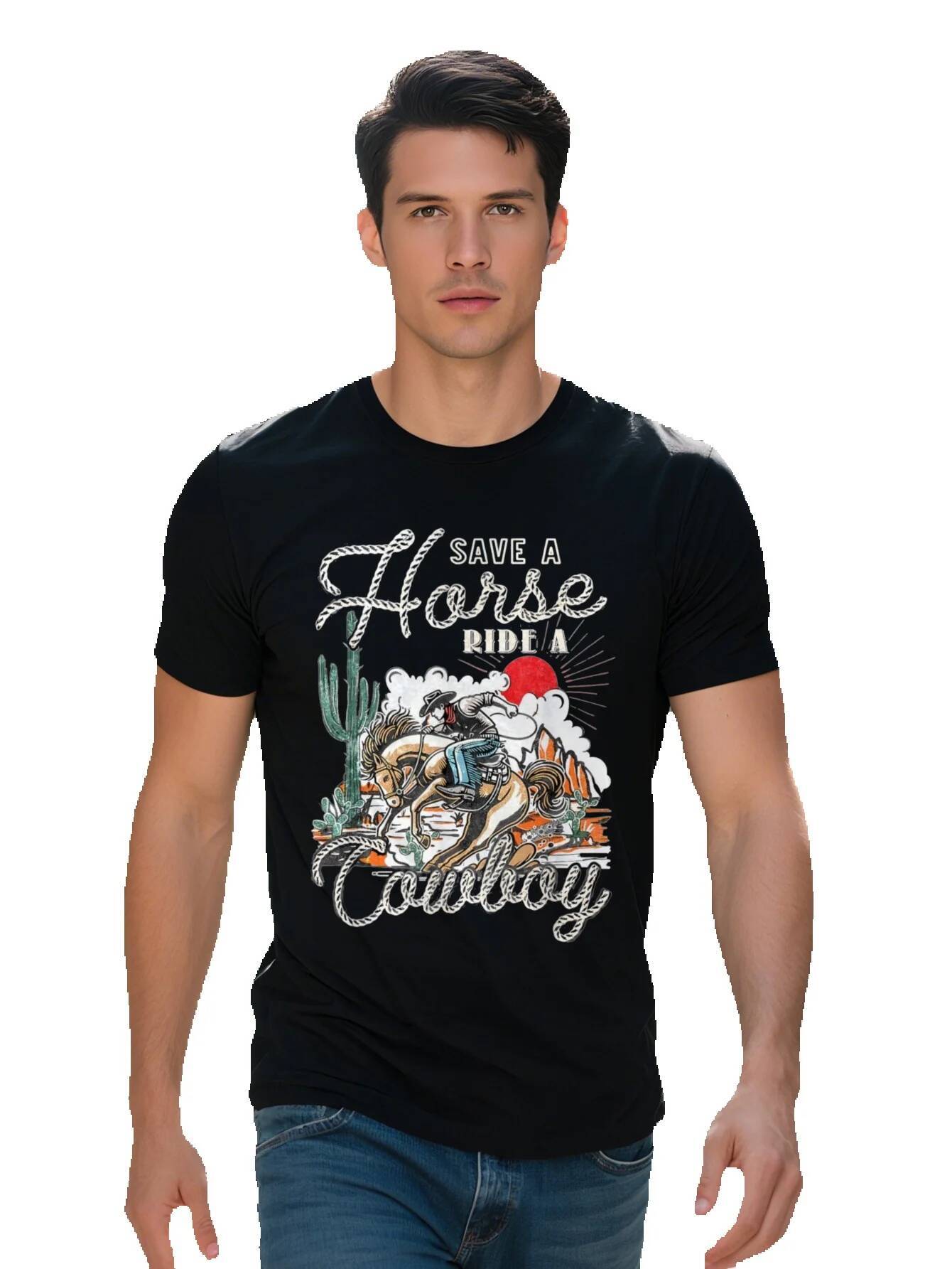 Men s Cotton Graphic T Shirt Save Horse Ride a Cowboy with Desert Cactus Mountain Scene Casual Western Style 0c71e 93bfc