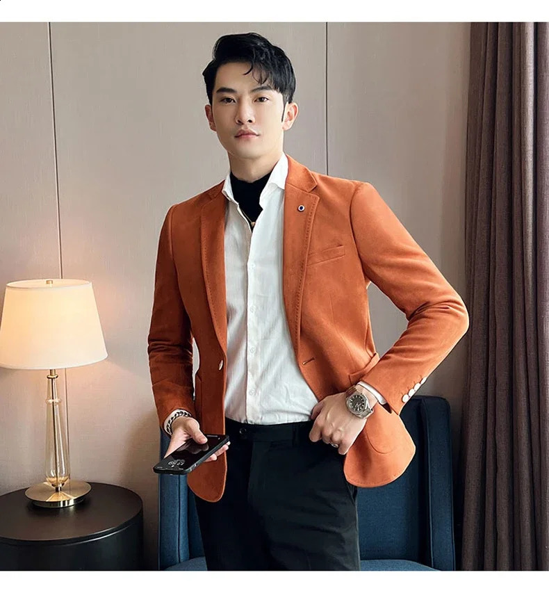 Fashion High Quality Suede Men Blazer Korean Slim Business Casual Suit Jacket Coat Dress Party Dark Green White Costume Homme 250811 - view 7