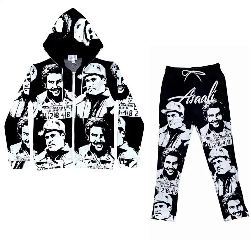 Sport pants suit Gothic fashion figure pattern printing zipper hoodie set Y2K American retro mens casual oversized hoodie 250809
