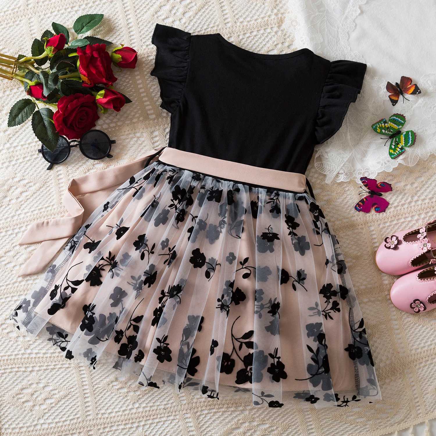 Black Rose Flower Dress for Girls from 3 to 8 Years Summer Casual Girl Clothes with Ruffles Tulle Elegant Princess Birthday Party Dress W250811