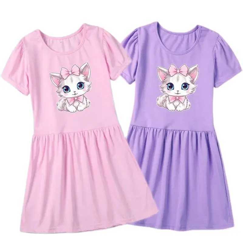 Girls Fashion Short Sleeve Dresses Cute Cat Print Princess Dress New Kids Summer 3-14Y Birthday Clothes W250811