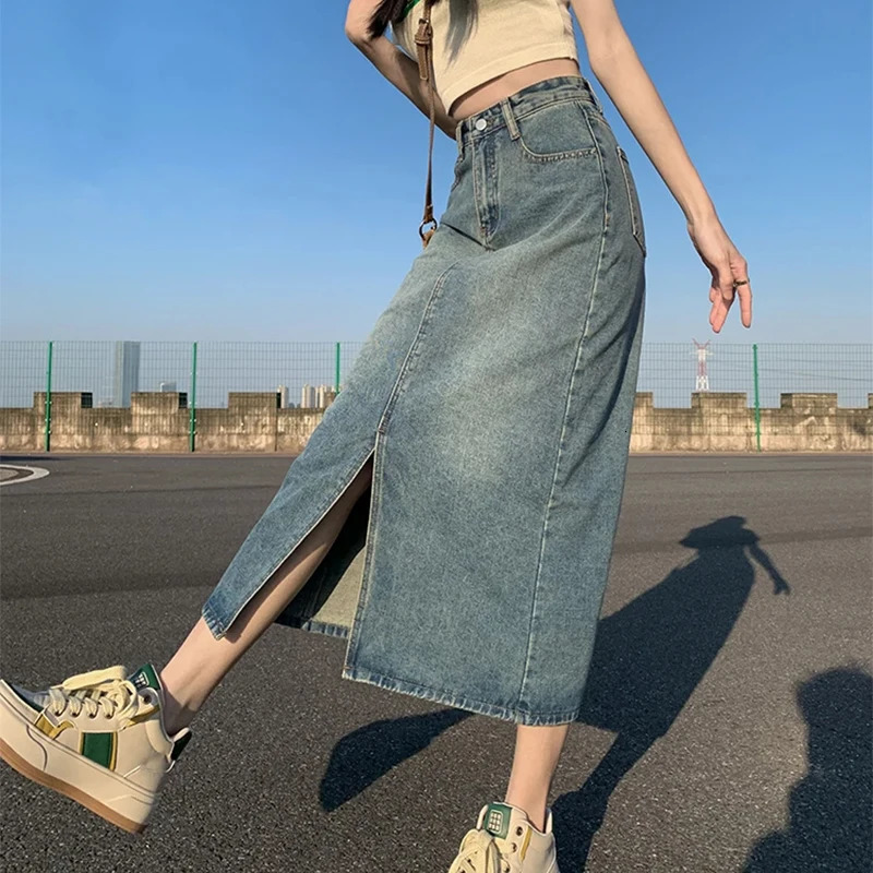 Summer High-waist Slit Denim Skirt For Women Washed Retro A- line Skirt Hip-covering Straight Long Skirt 250811