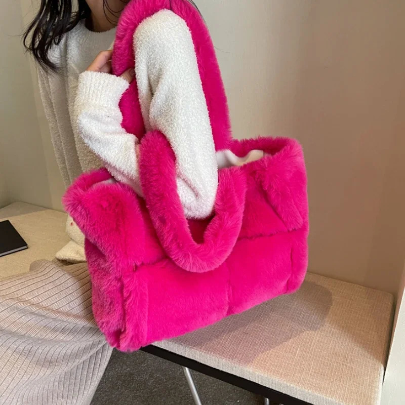 y Faux Fur Womens Shoulder Bags Large Capacity Soft Plush Casual Tote Winter Fashion Female Travel Purse Handbags 250811