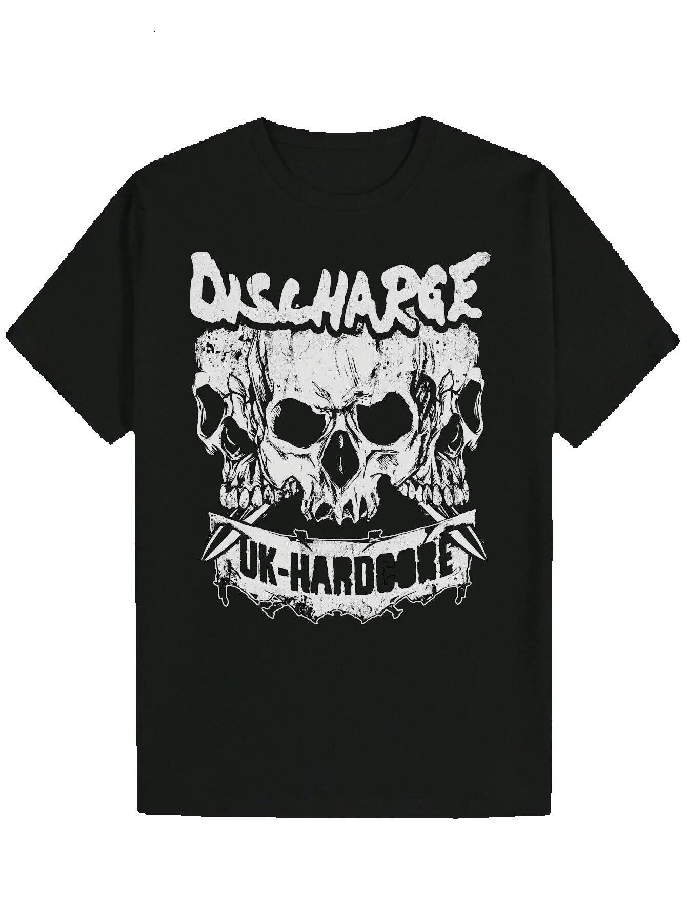 Men's Black Graphic - 'DISCHARGE' and Wings Design, Casual Crew Neck, Summer Short Sleeve, Polyester Blend, Machine Washable, Skull T-S