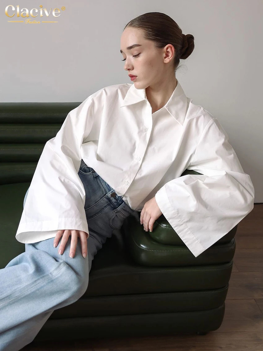 Clacive Fashion Loose White Cotton Womens Blouse 2025 Casual Lapel Long Sleeve Shirt Elegant Classic Solid Top Female Clothing 250811
