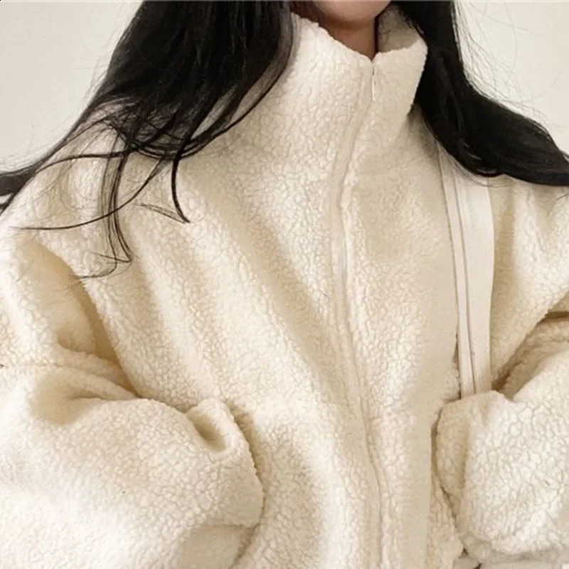 Lucyever Women Short Lamb Wool Jacket Autumn Winter Thicken Warm Plush Coat Female Fashion Zipper Stand Collar Outerwear 250804