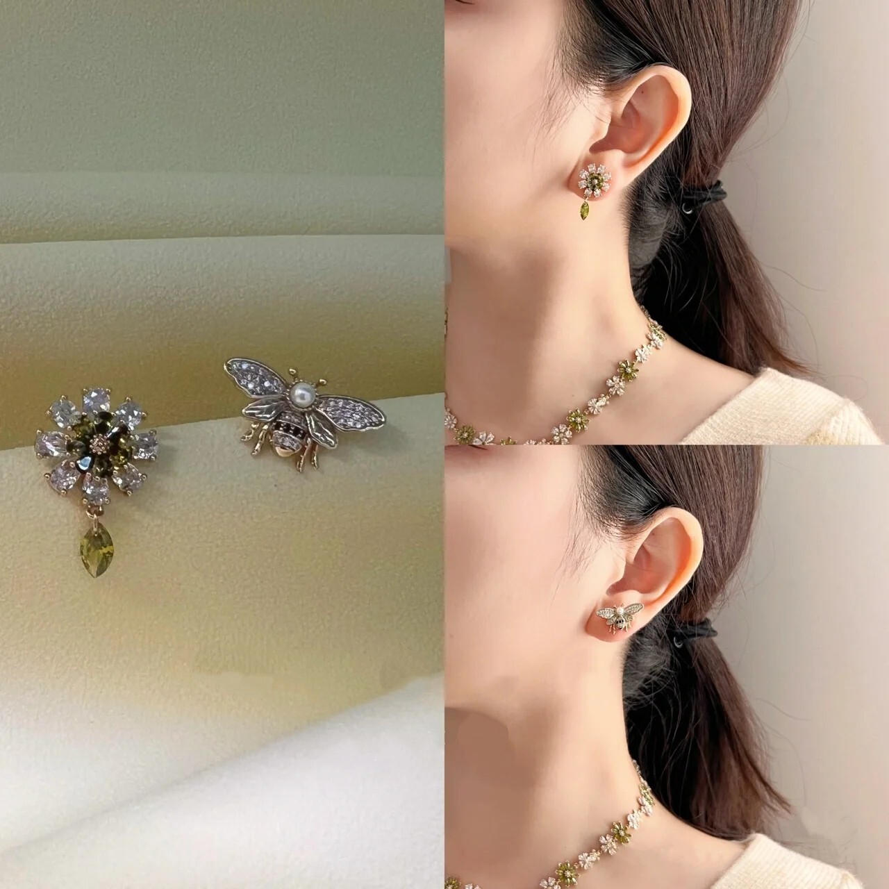 Free Shipping Designer Luxury Jewelry New Olive Green Gemstone Sunflower Bee Earrings Exquisite Fashion Versatile Asymmetric Elegant Accessories