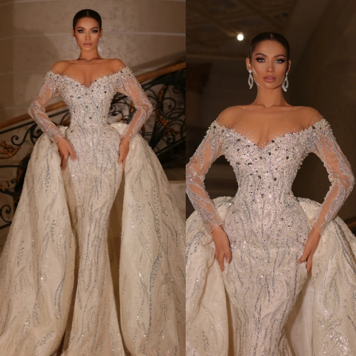 Sexy Off The Shoulder Mermaid Wedding Dress Glitter Sequined Crystal Bridal Gown Long Sleeve Bride Dresses Customized