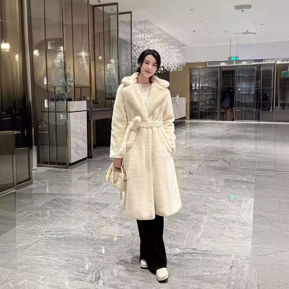 Women's belt-fastened coat, autumn and winter mink jacket, thickened cotton artificial fur