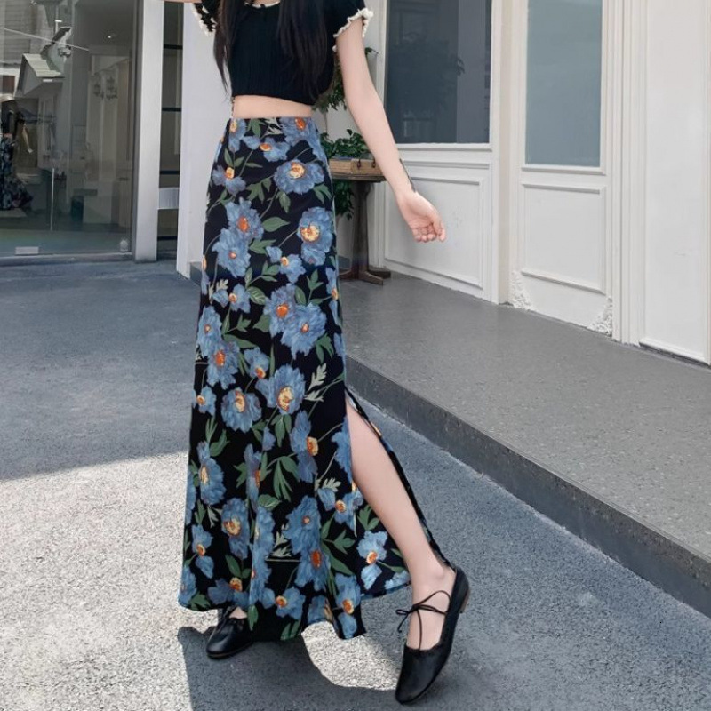 2025 Summer Side Flower Chiffon Midi fashion Skirt Women's New French Multi functional Tight Mermaid Long Skirt New Designer