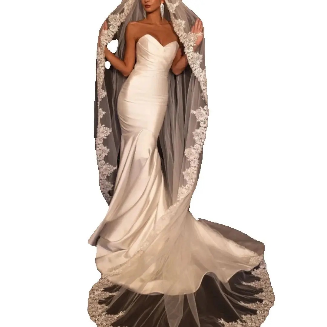 Elegant Wedding Veil Sequin Appliques Cathedral Length One Layer Bridal Veils Applique Edge For Bride Velo De Cabeza Customized