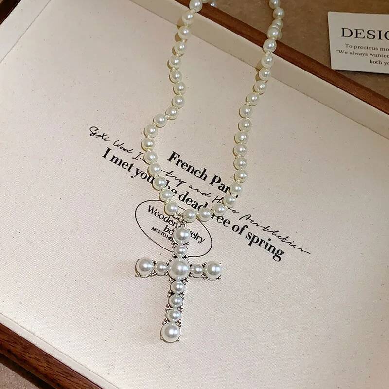 Gothic Punk Fashion Black Pearl Cross Pendant Necklace For Women Unisex Vintage Classic Charms Couple Chain Accessory Gift