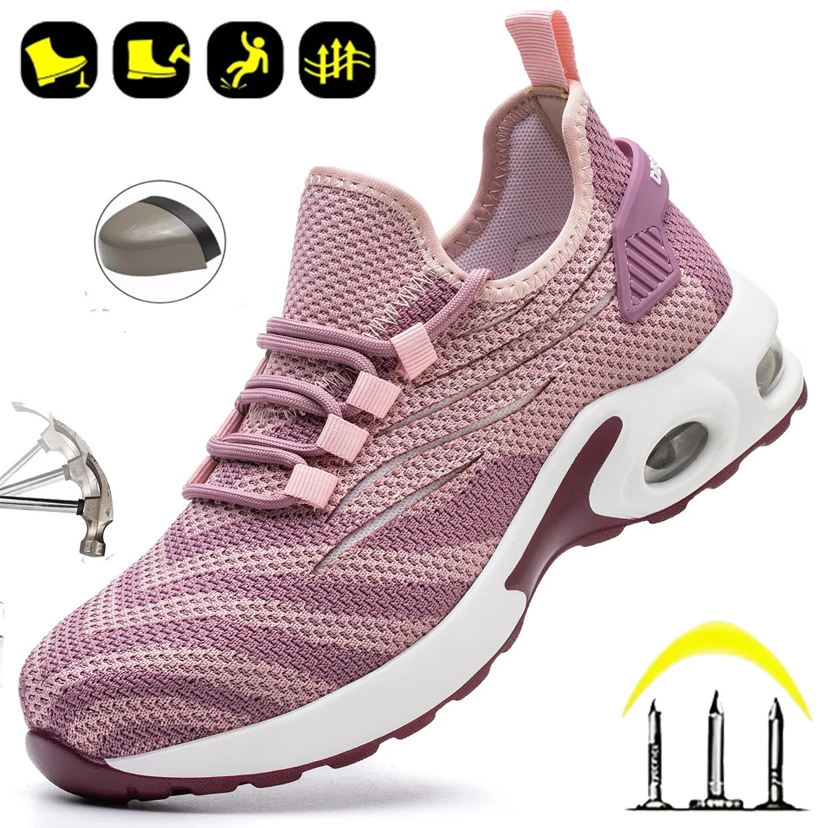 Pink Ladies Steel Toe Safety Shoes Anti Crush Breathable Air Cushioned Womens Work Shoes Fashionable Upgraded n 250805