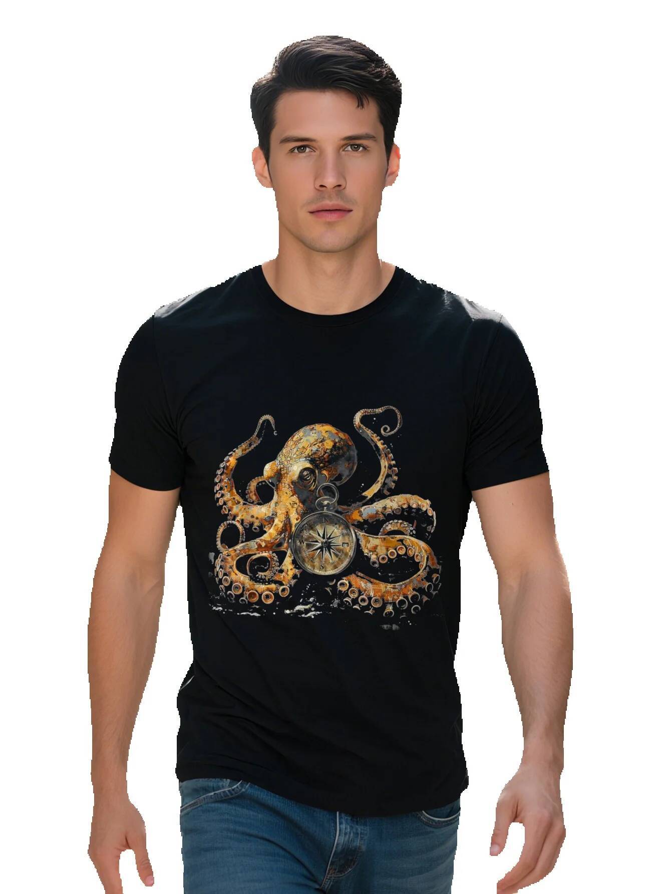 Men s Cotton T Shirt Fun Octopus Kraken with Compass Black Casual Short Sleeve for All Seasons Size H daf9a