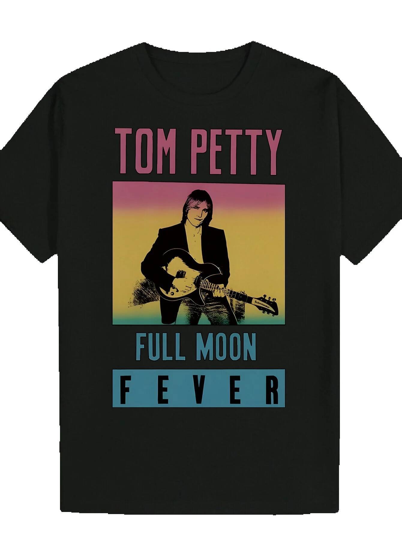 Men's Music Pattern Black T-Shirt with Tom Petty Full Moon Fever Design, Lightweight Polyester Shirt for Concerts, Casual Daily Wear - Machine Wa