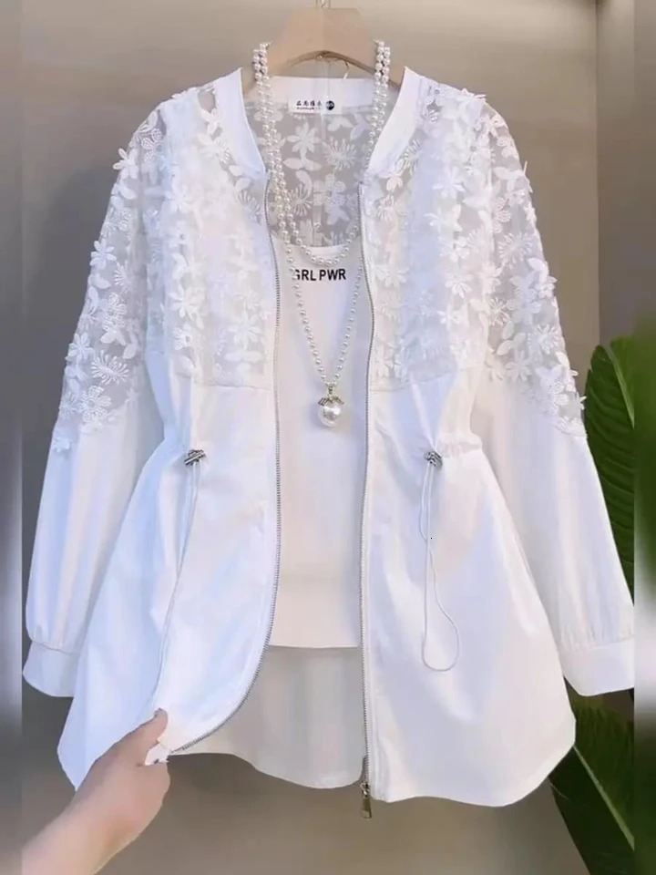 Summer y Flower Windbreaker Large Size WomenS Trench Coat Fashionable Slim Lace Splicing LongSleeved Jacket Outwear 250809