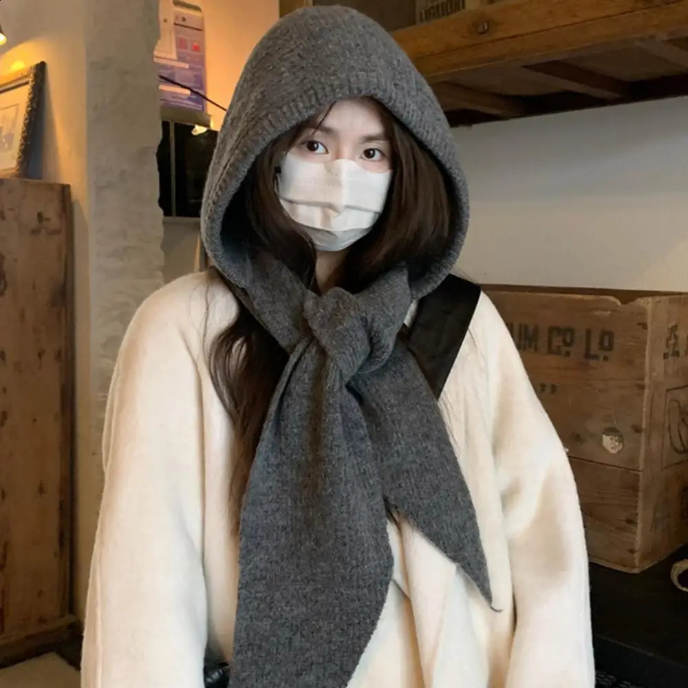 Winter Women Hooded Hat Knitting Wool Warm Balaclava Beanies Skullies For Female Girl Solid Color Outdoor Cold-proof Bonnet 250808