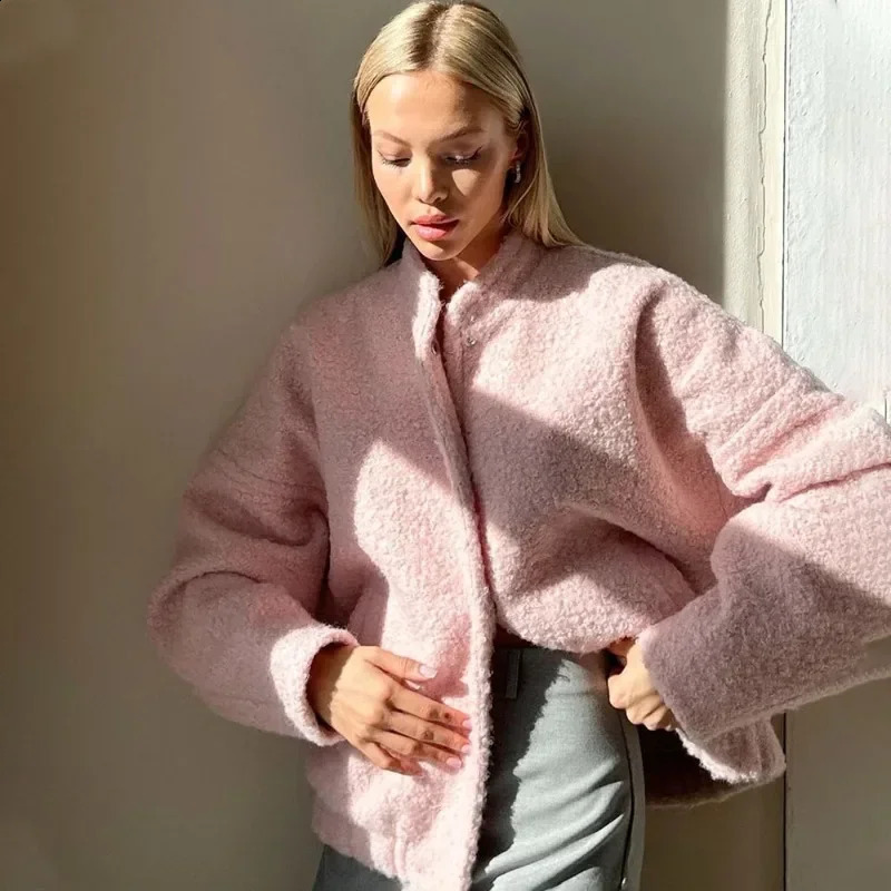 Talenza Womens Pink Short Fur Jacket Autumn Loose Fashion Long Sleeve Jacket Top Casual Stand Collar Pocket Button Warm Jacket 250804