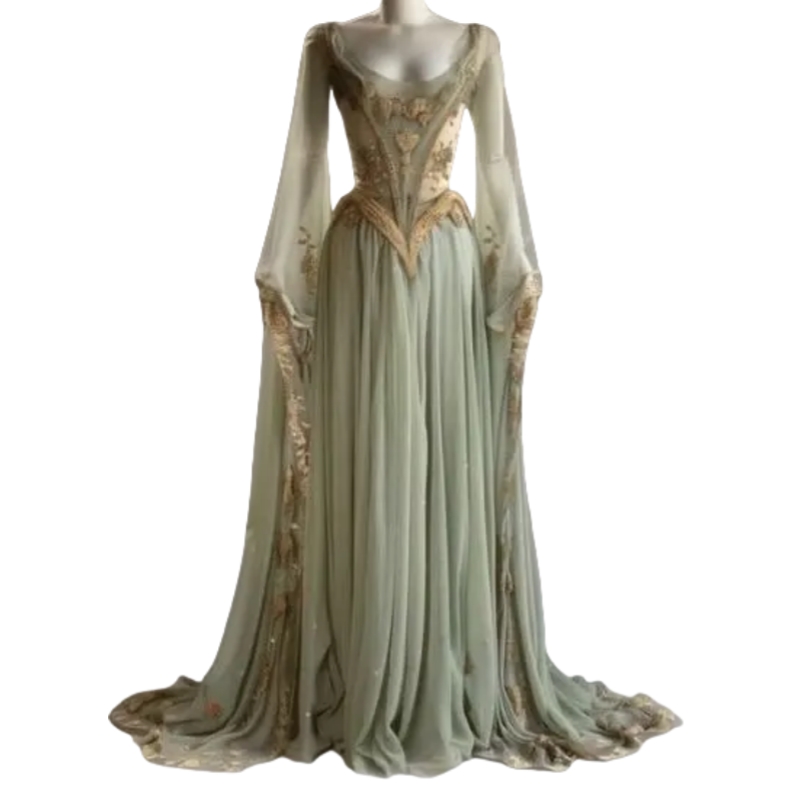Fantasy Flare Sleeves Long Prom Dresses Vintage Victorian Sage Evening Gowns Gold Lace Appliques Scoop Neckline Women Formal Dresses