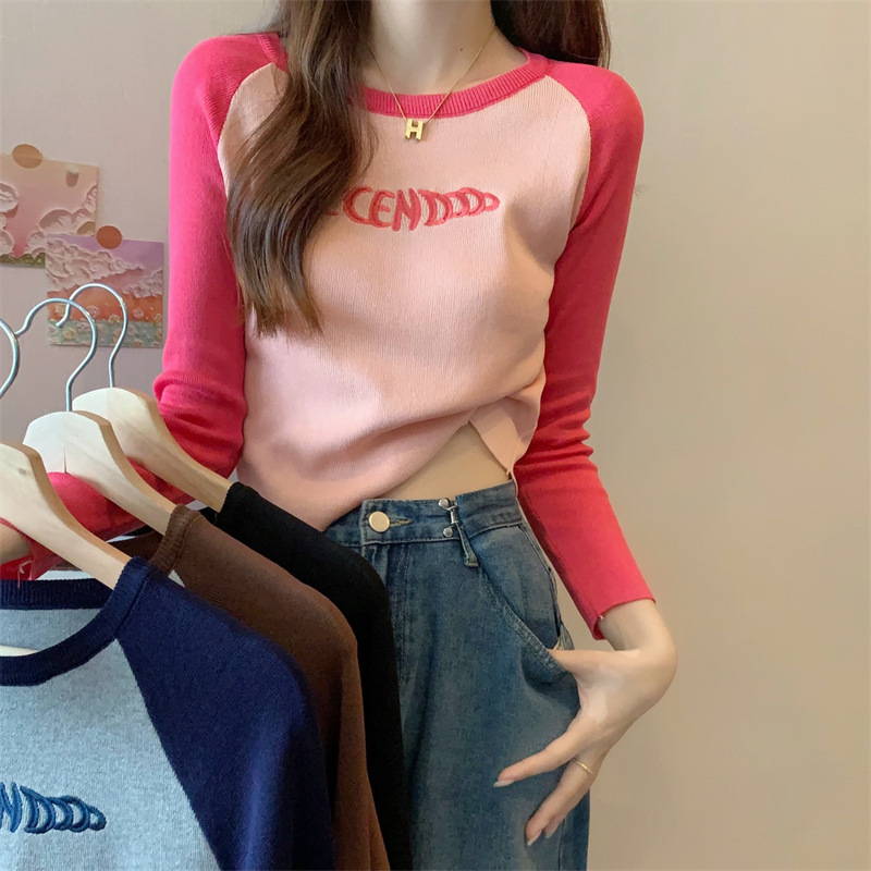 New Spring and Autumn Hot Girl Short Top Color-Block Round Neck Versatile Ribbed Base Shirt Inner Embroidered Long Sleeve T-Shirt for Women