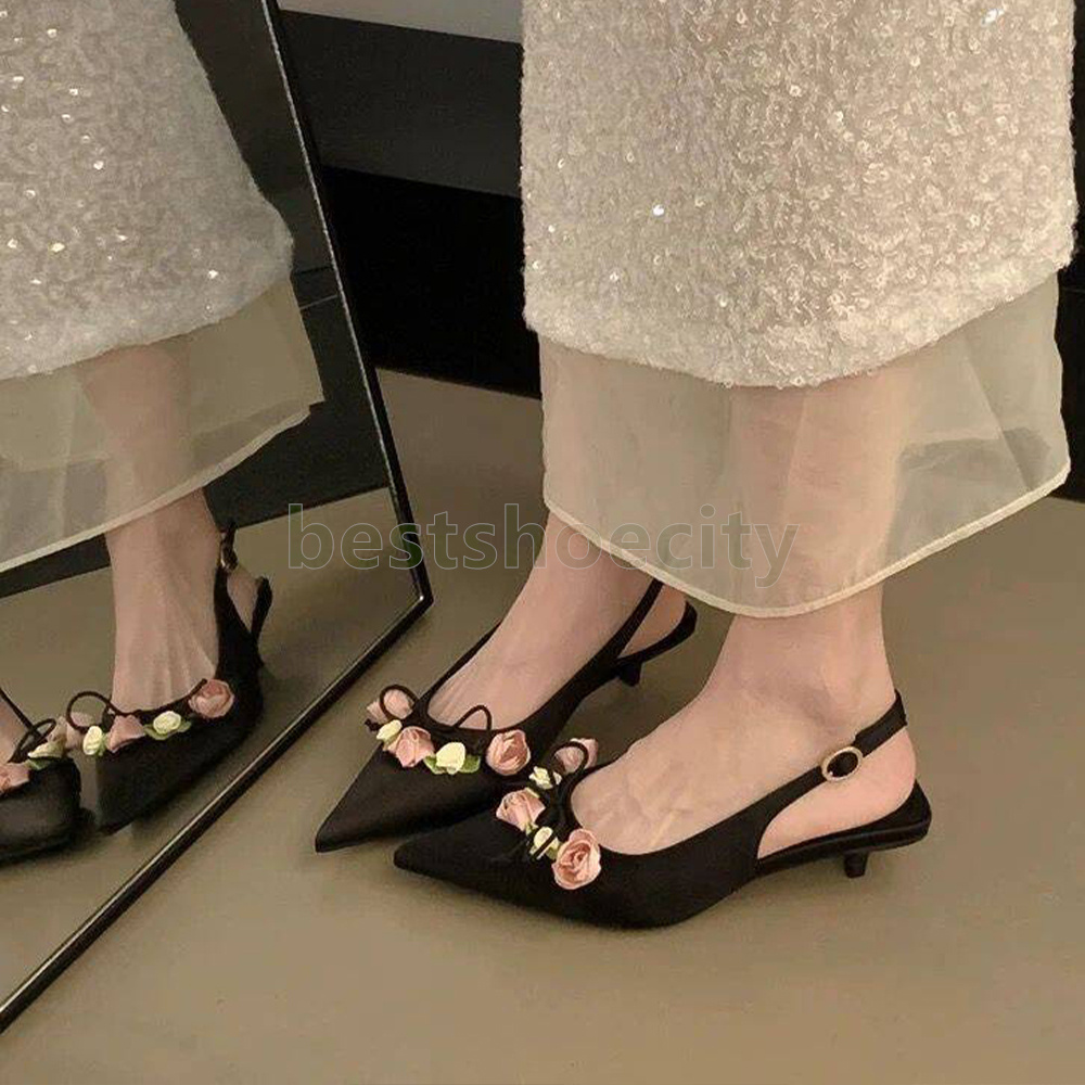 designer kitten heels dress shoes loafers womens summer mary jane shoes fashion pointed-toe slingbacks elegant satin luxury sandals