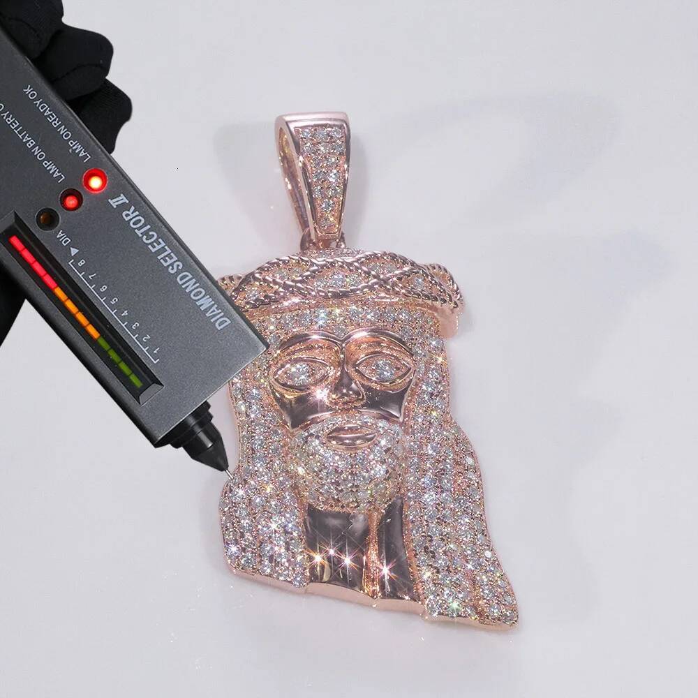 ESKEEM Hip Hop Jewelry Moissanite Charm Pendant Pass Diamond test 925 Silver Rose Gold Plated Small Jesus Head Pendant Necklace