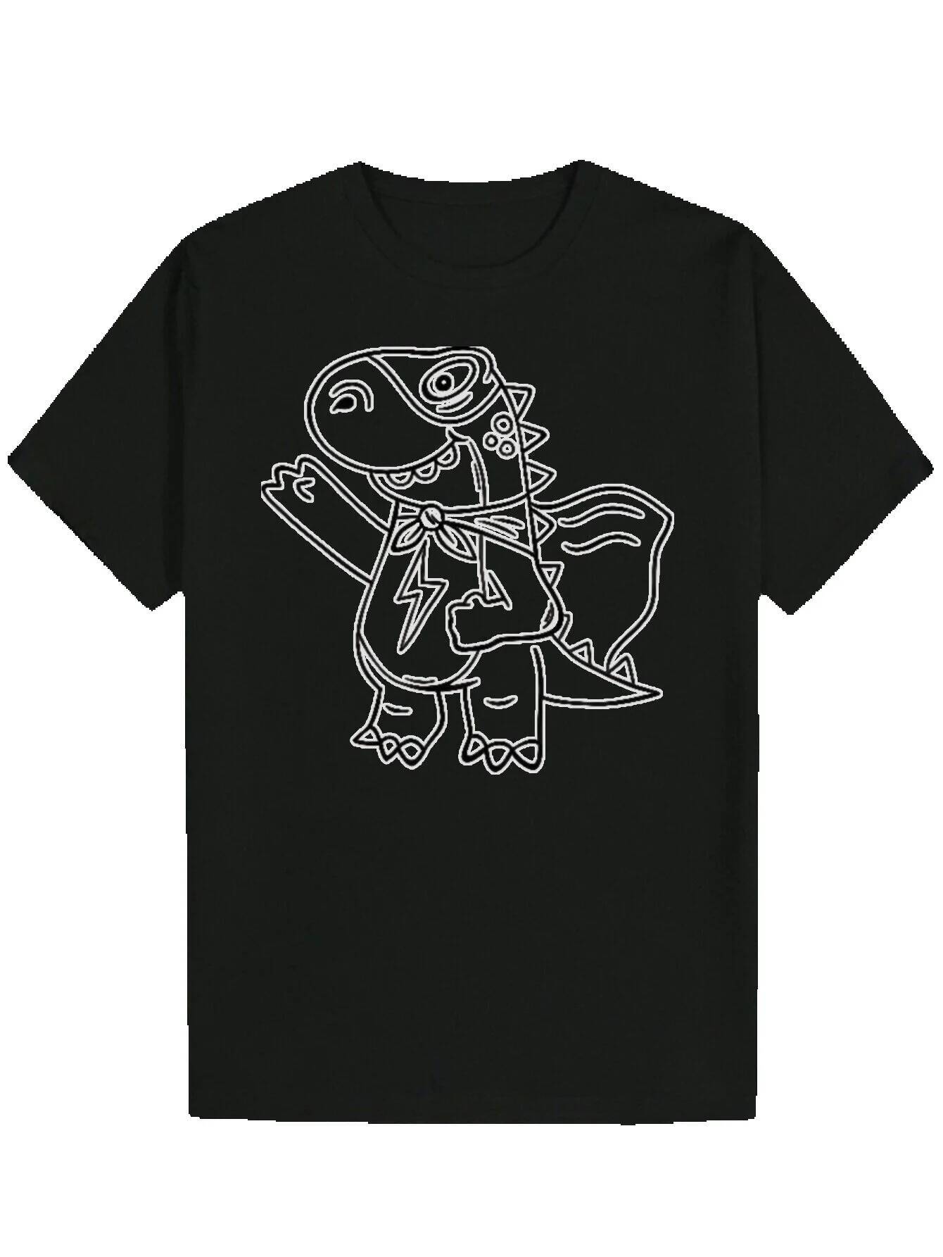 Men's Black Casual Summer T-Shirt with Playful Dinosaur Pattern, Round Neck Polyester T-Shirt, Lightweight and Comfortable