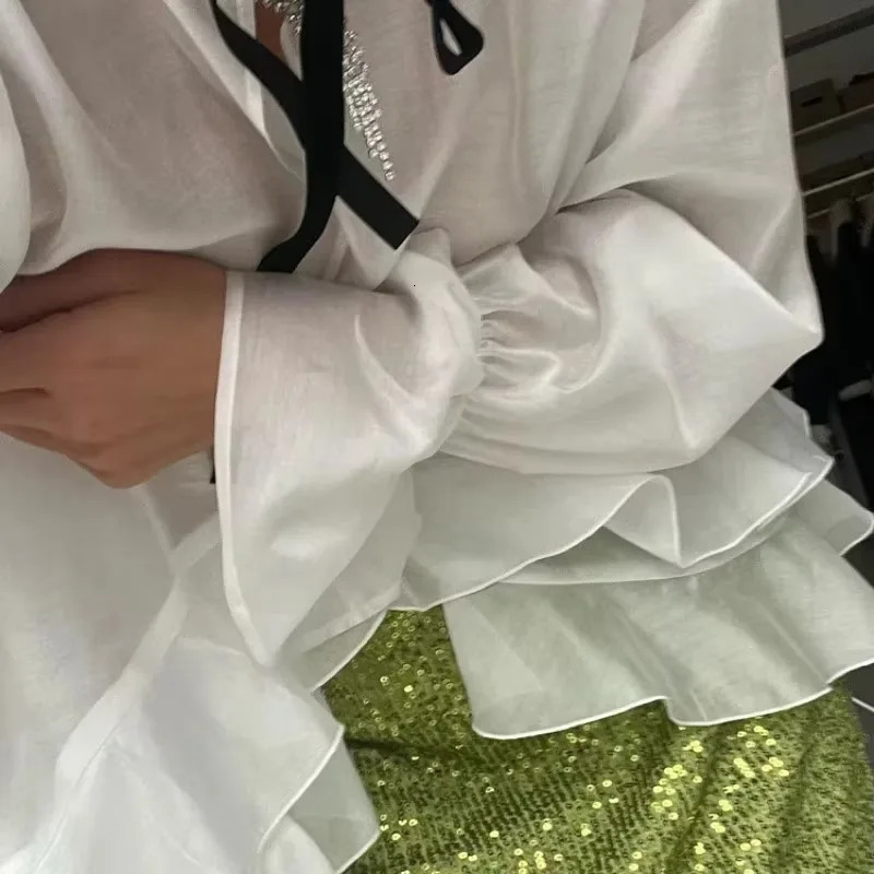 Talenza Sexy Loose White WomenS Shirt Fashion Ruffle Collar Long Sleeve Blouses Elegant See Through Top Female Clothing 250811