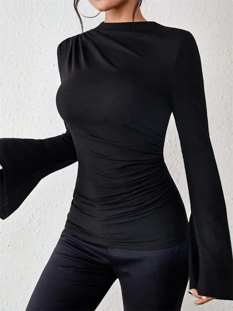 Women Flare Long Sleeve Pleated Mock Neck Blouse Top Autumn Winter Solid Color Ruched Tee Shirt streetwear 250811
