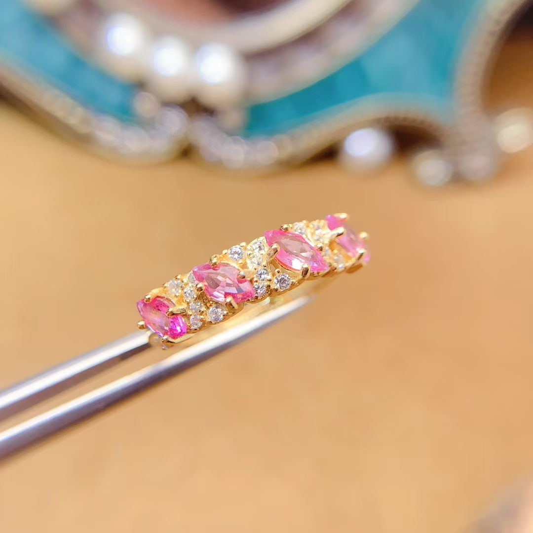 Genuine Pink Sapphire Ring 2.5mm*5mm Natural Sapphire Silver jewelry 18K gold plated silver sapphire ring August Birthstone ring for Girl