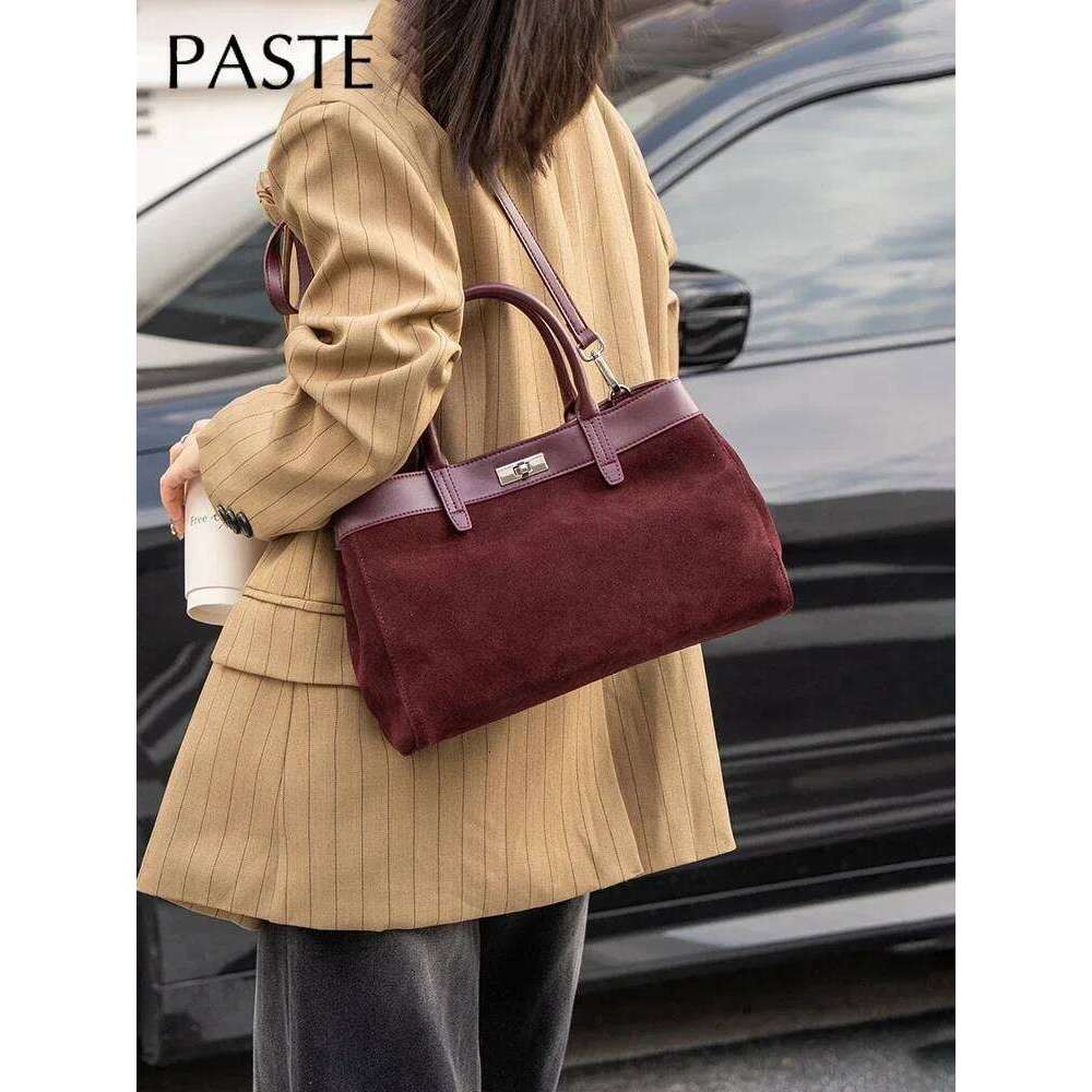 New Wine Red Chamois Tote Large Real Suede Cow Leather Women Hand High-End Female Commuter Travel Shoulder Bag