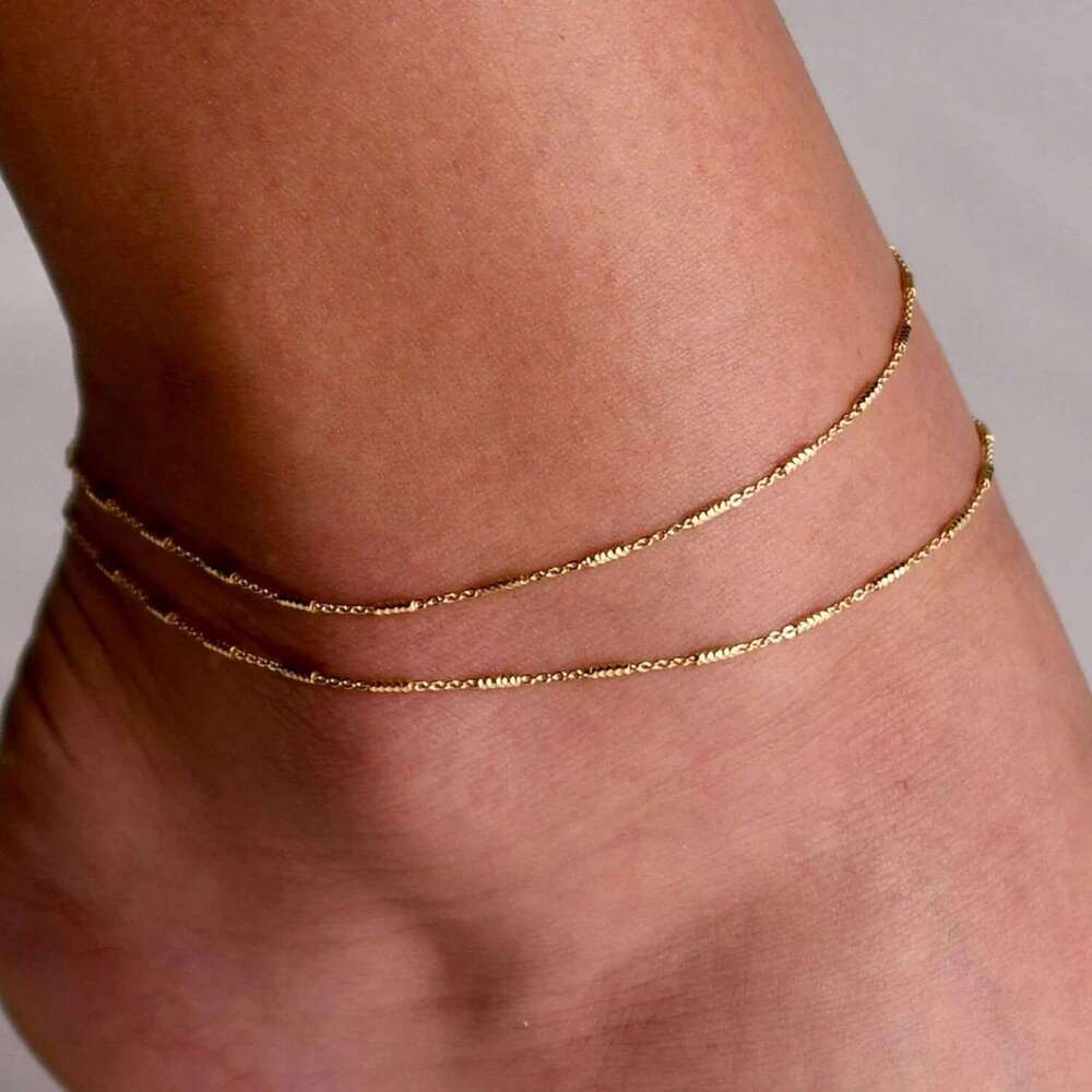 Dainty Layered Anklet,14K Gold Filled Cute Beads Satellite Chain Heart Boho Adjustable Anklets for Women