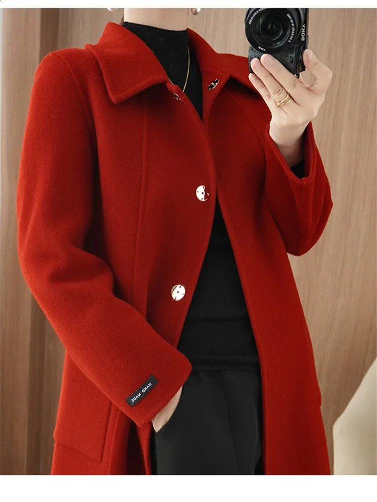 Winter Autumn Christmas Black Loose Long Wool Coat Jacket Belt Woolen Overcoat Korean Women Split Hem Cardigan Outerwear 250805