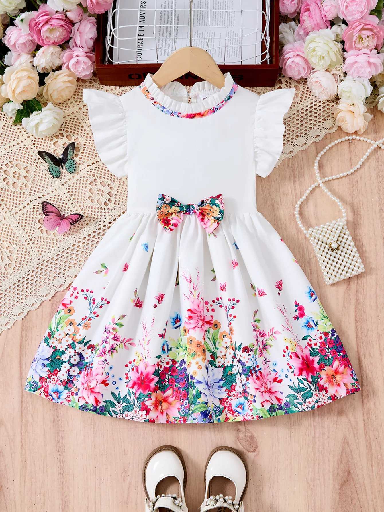 New Kids Girl Dress Summer Floral With Bow Fashion White Vestidos Short Sleeve Children Clothing Outfits Casual Daily Dresses W250811