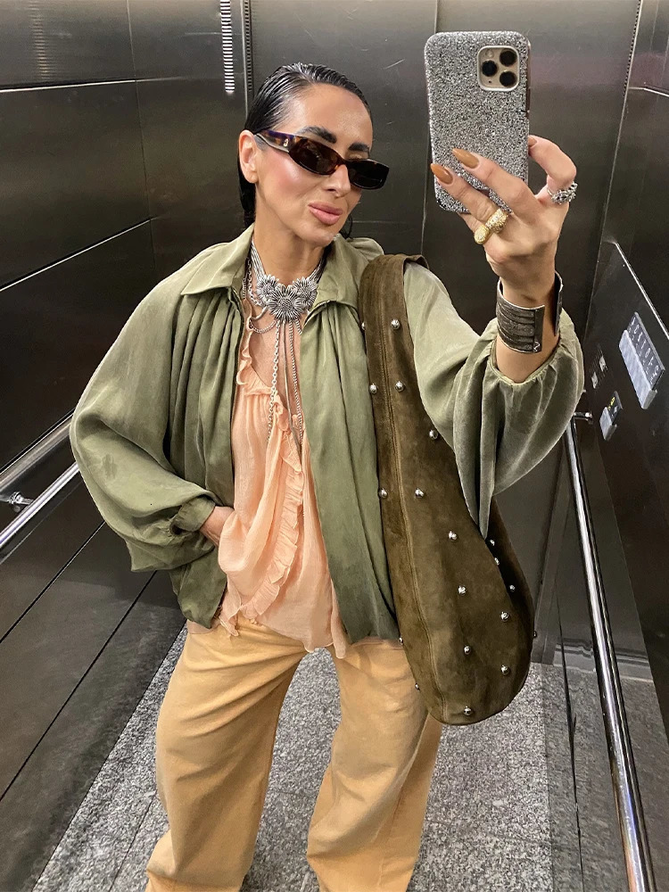 Street Loose Jackets Women Fashion Pleated Lapel Batwing Long Sleeve Female Coats 2025 Spring Summer Y2k Zipper Lady Outwears 250811