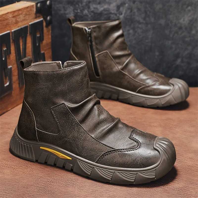 Men Chelsea Boots Slip-on Waterproof Ankle Boots Retro Black Men Fashion Boots Motorcycle Shoes Plus Size 2024 W250811
