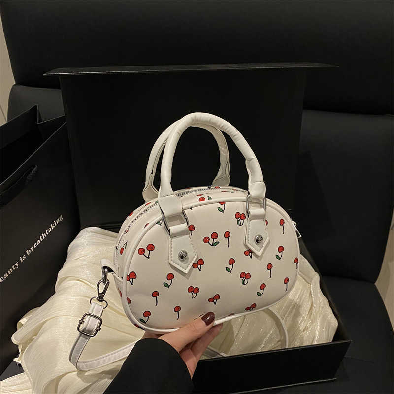 Korean Style Sweet Cherry Print Handbag Shoulder Bag for Women Large Capacity Summer 2025 Aesthetic Commuter Shoulder Crossbody Bag