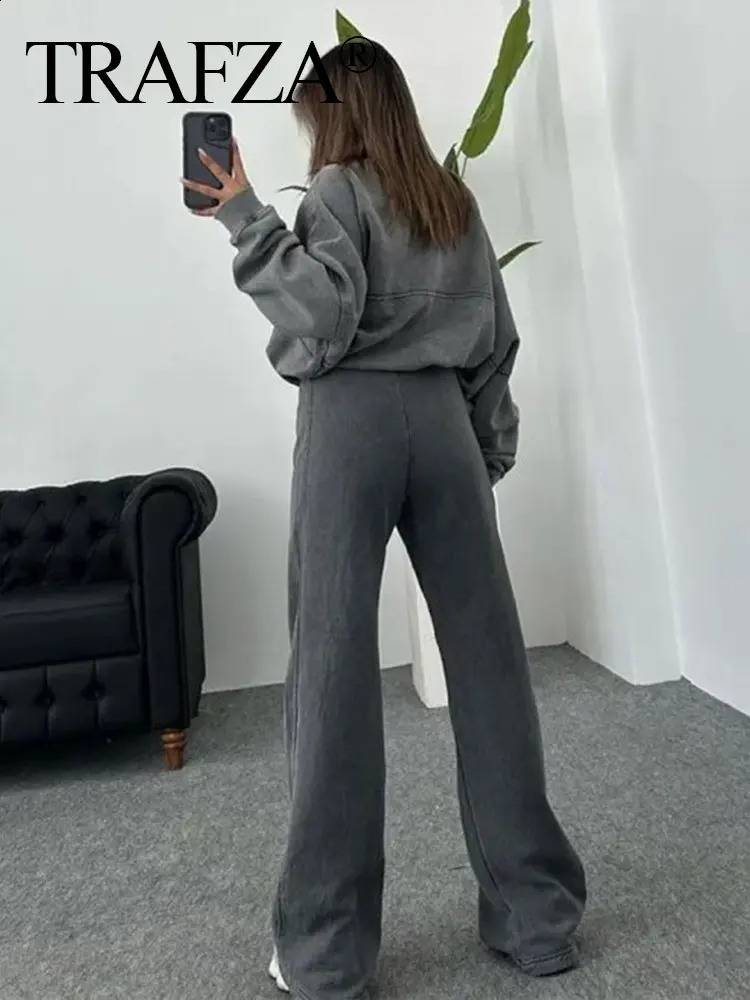 TRAFZA Bomber Jacket Pant Set For Women Casual Long Sleeve Zipper Coat Vintage Solid Sweatshirt Suit Autumn Woman Streetwear 250805